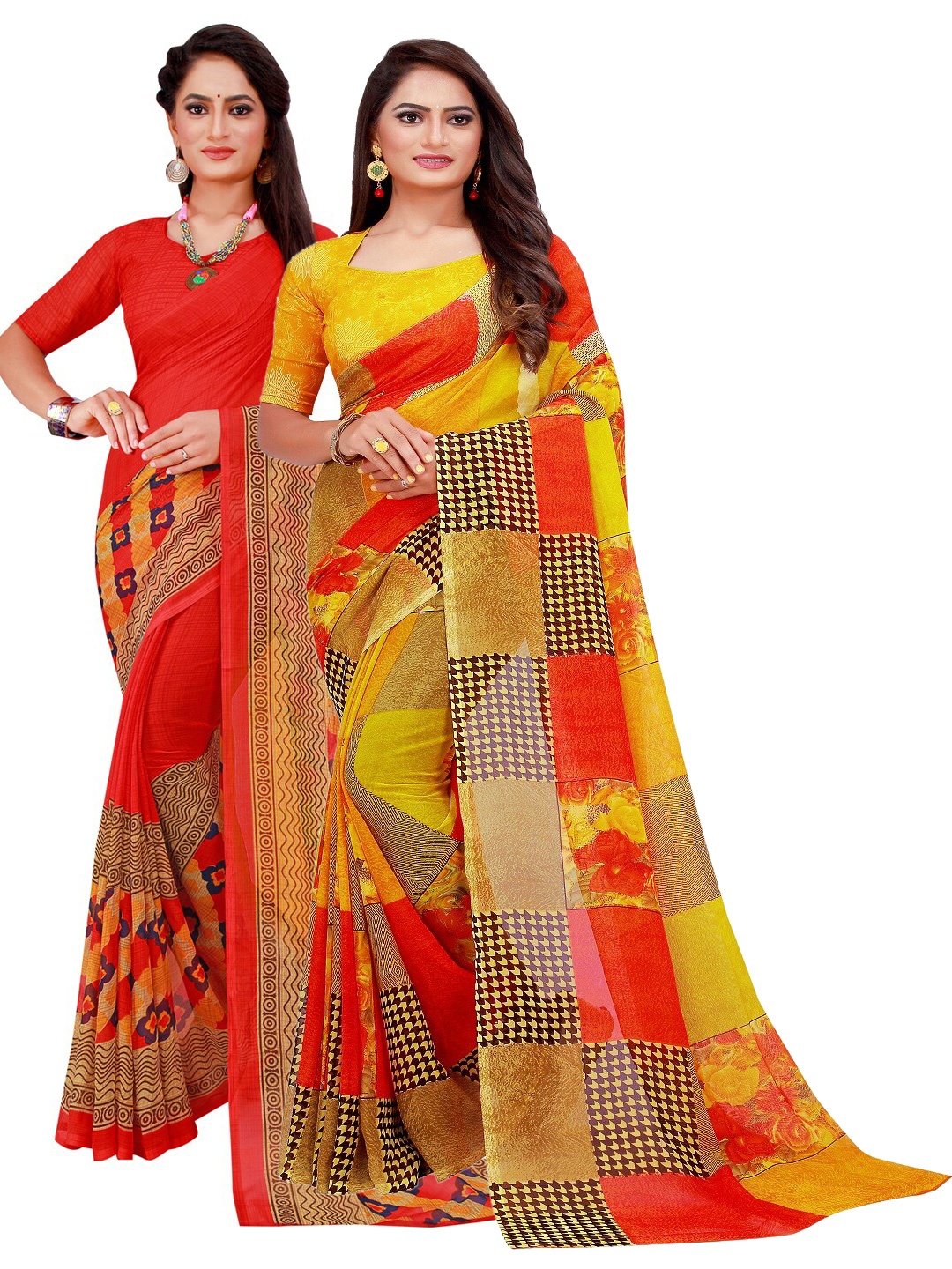 

KALINI Pack of 2 Printed Pure Georgette Sarees, Red