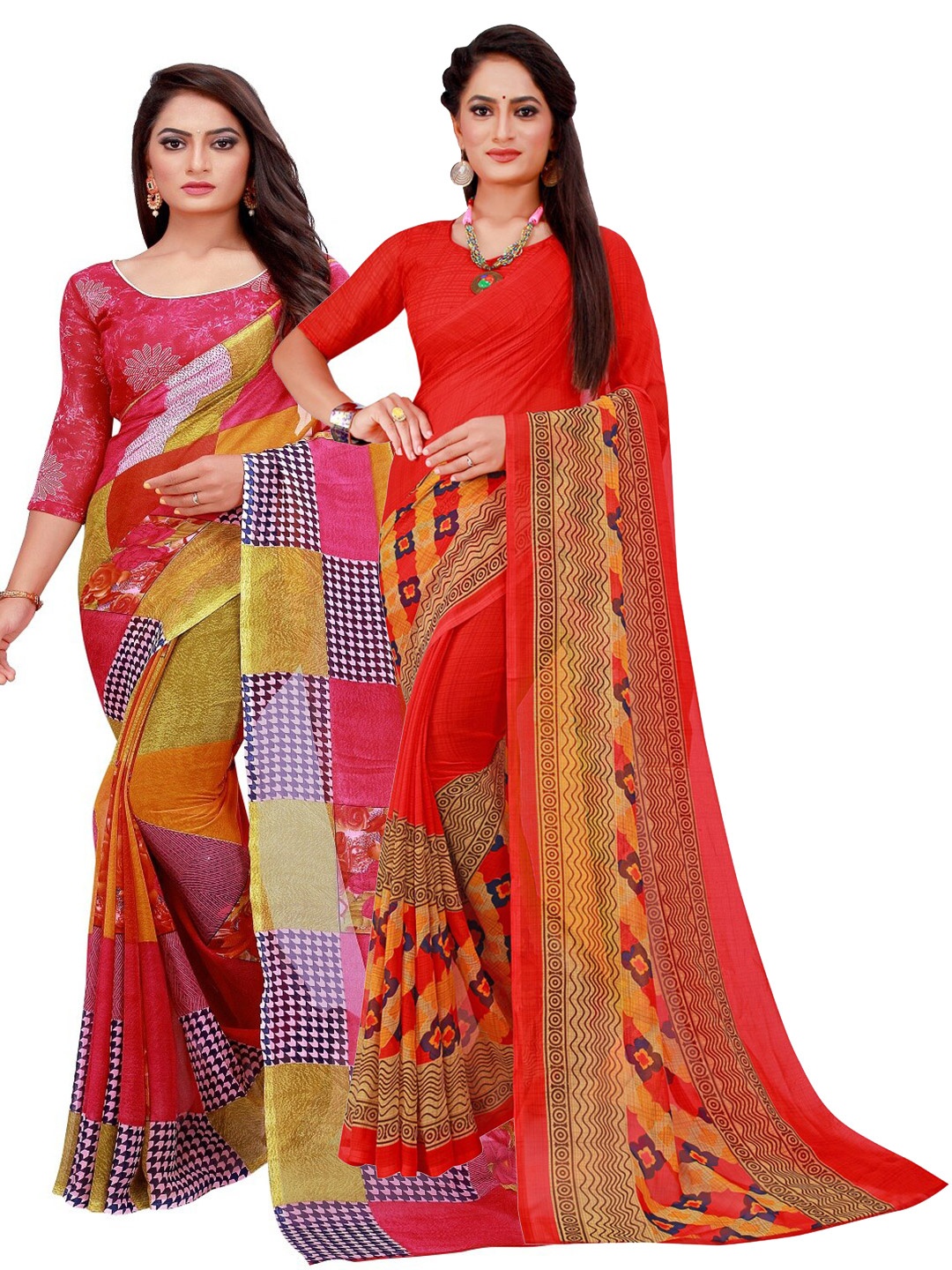 

KALINI Red & Orange Set Of 2 Floral Pure Georgette Saree