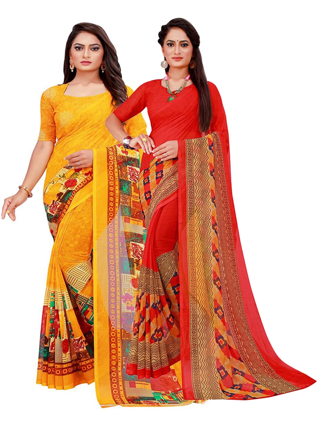 

KALINI Pack of 2 Red & Yellow Floral Pure Georgette Sarees