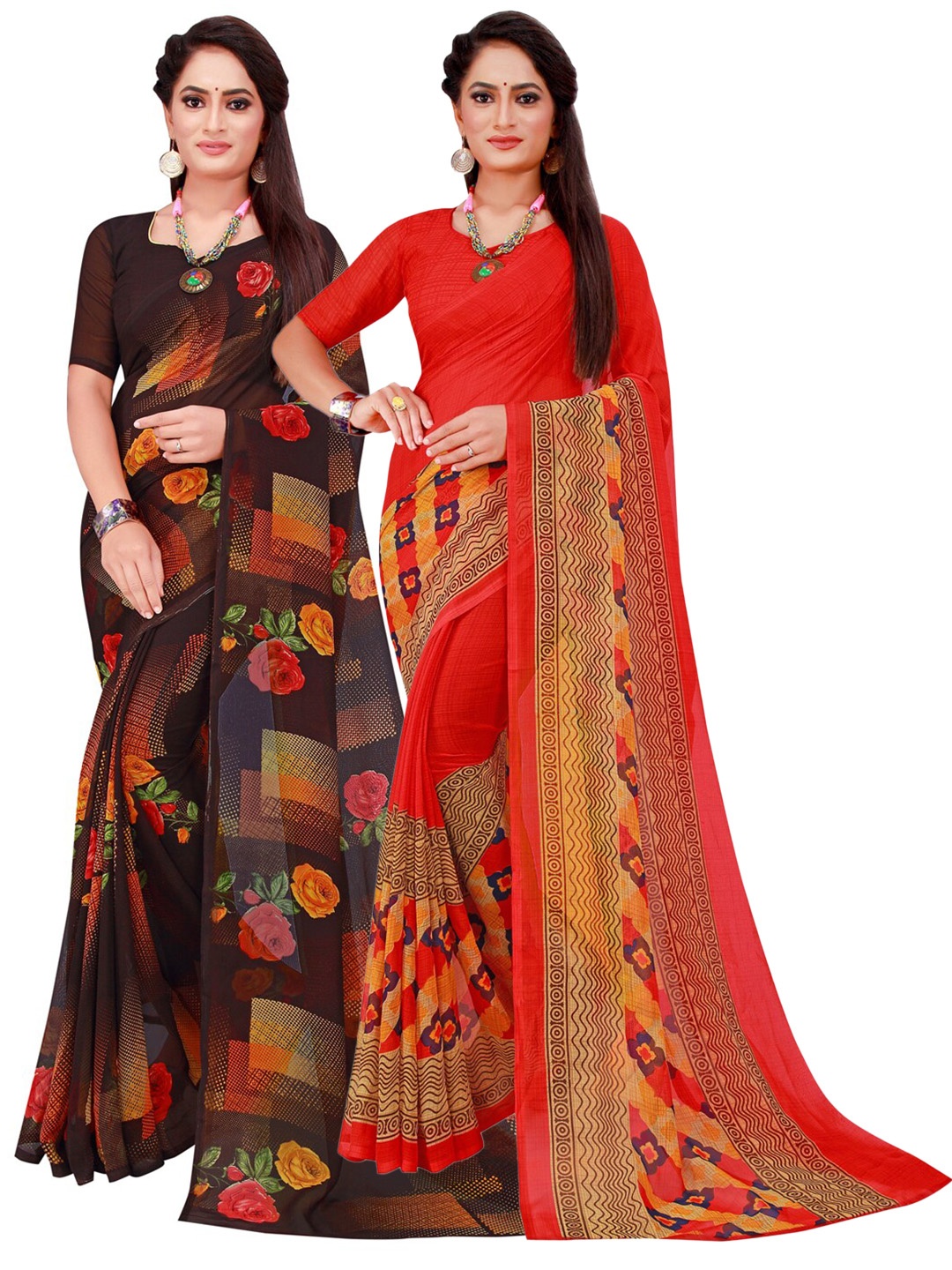 

KALINI Pack Of 2 Red & Brown Pure Georgette Saree