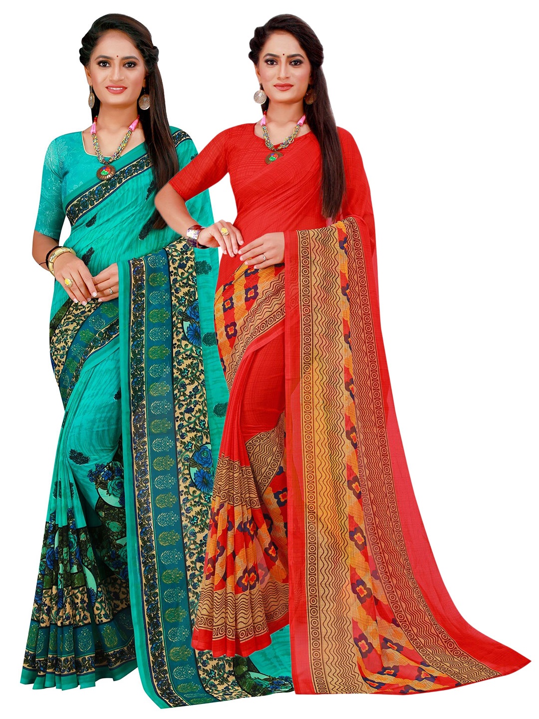 

KALINI Pack of 2 Red & Turquoise Blue Floral Pure Georgette Saree