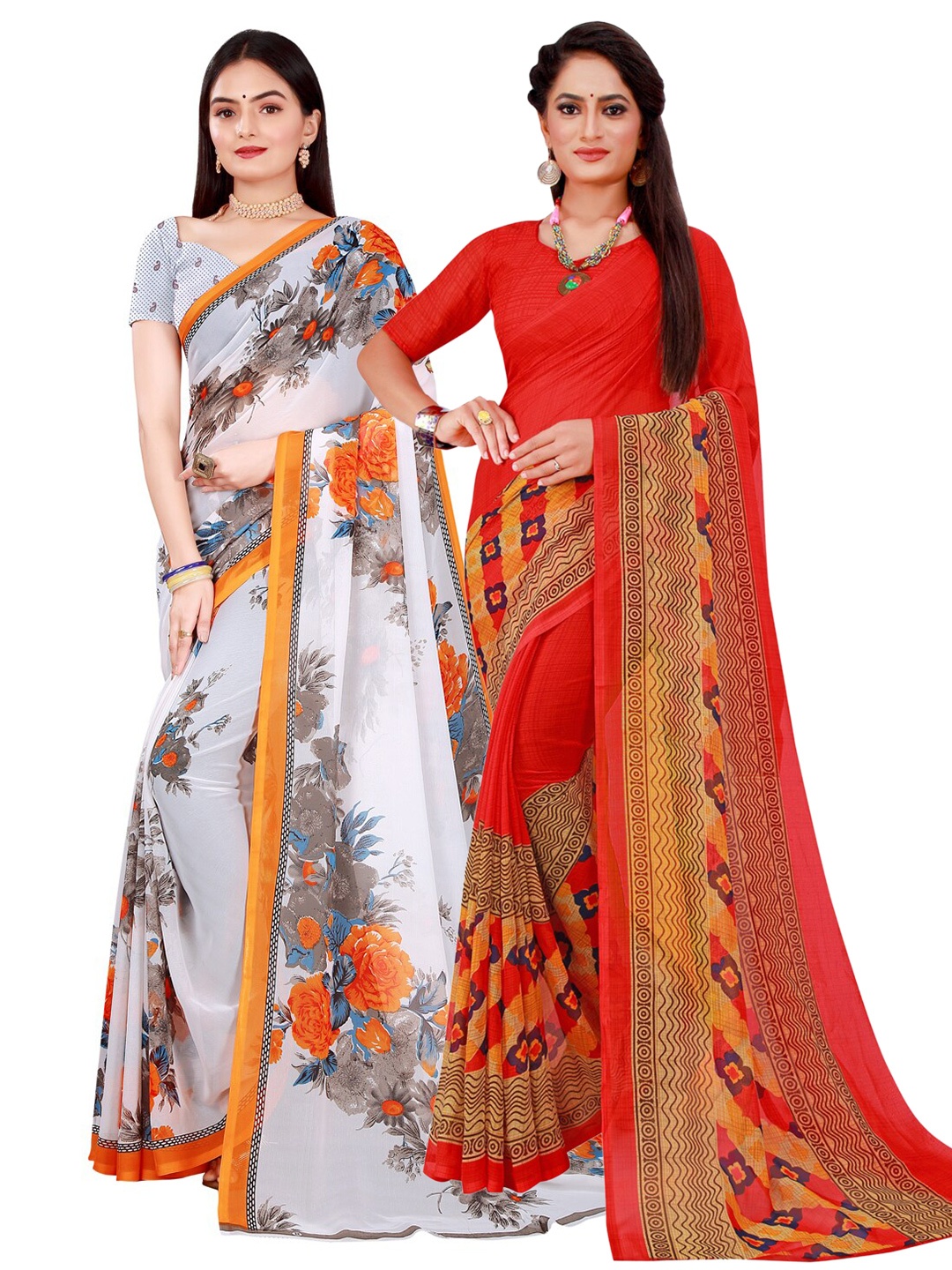 

KALINI Pack Of 2 Grey & Red Floral Printed Sarees