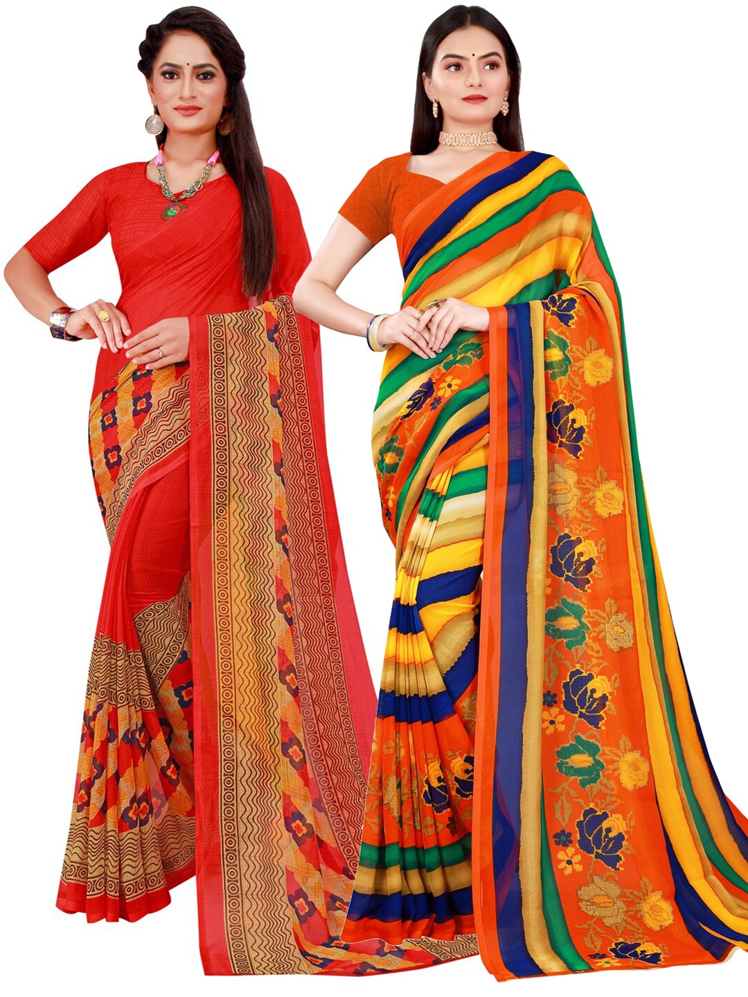 

KALINI Multicoloured Set of 2 Floral Printed Georgette Saree, Multi