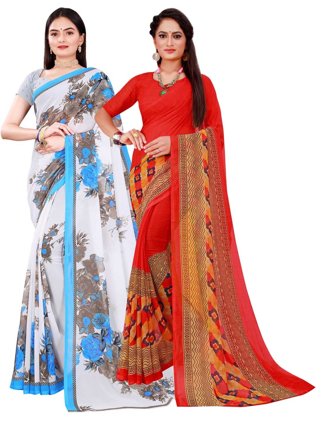 

KALINI Red & Grey Set Of 2 Floral Pure Georgette Saree