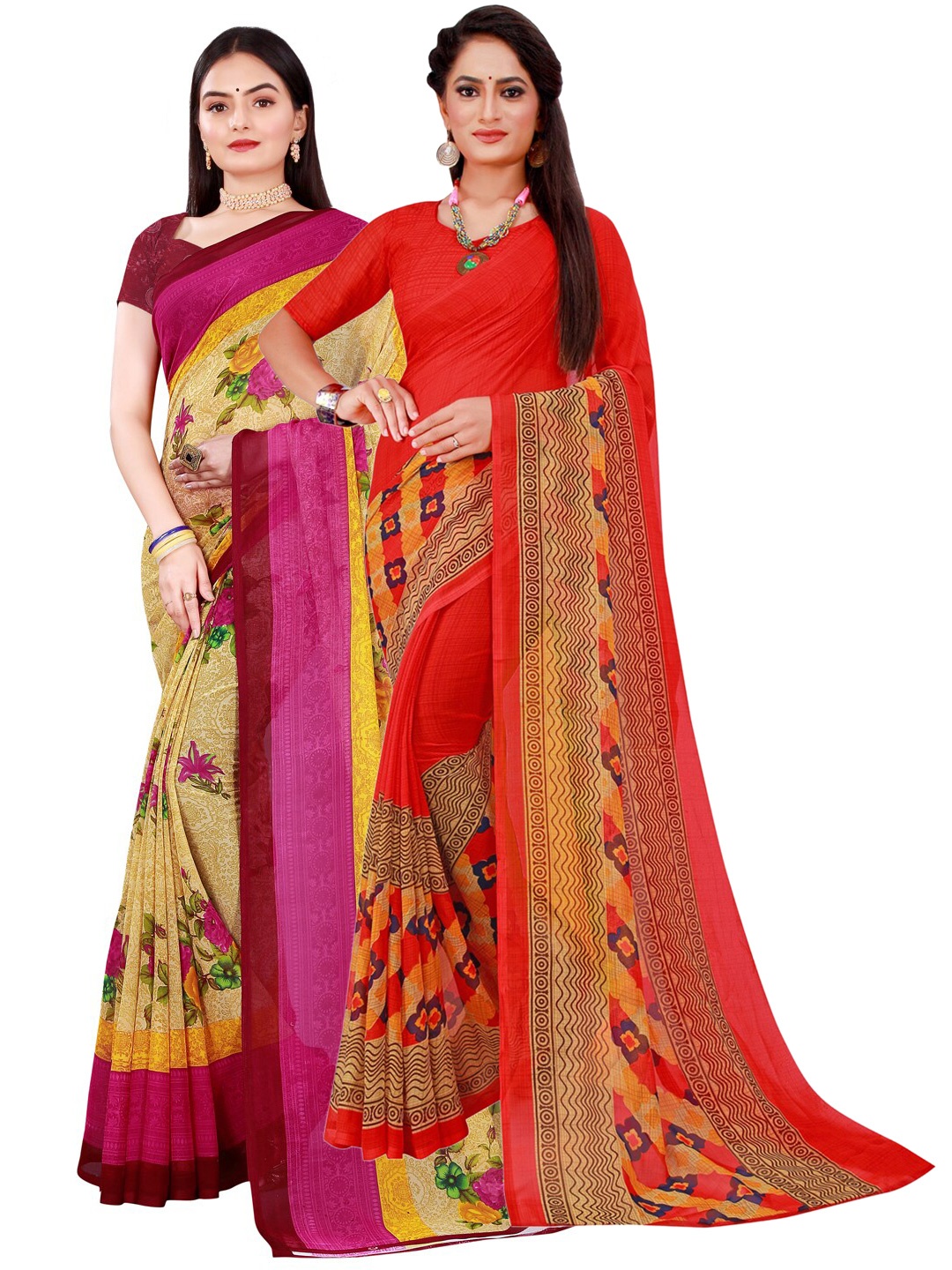 

KALINI Pack Of 2 Beige & Red Floral Pure Georgette Saree