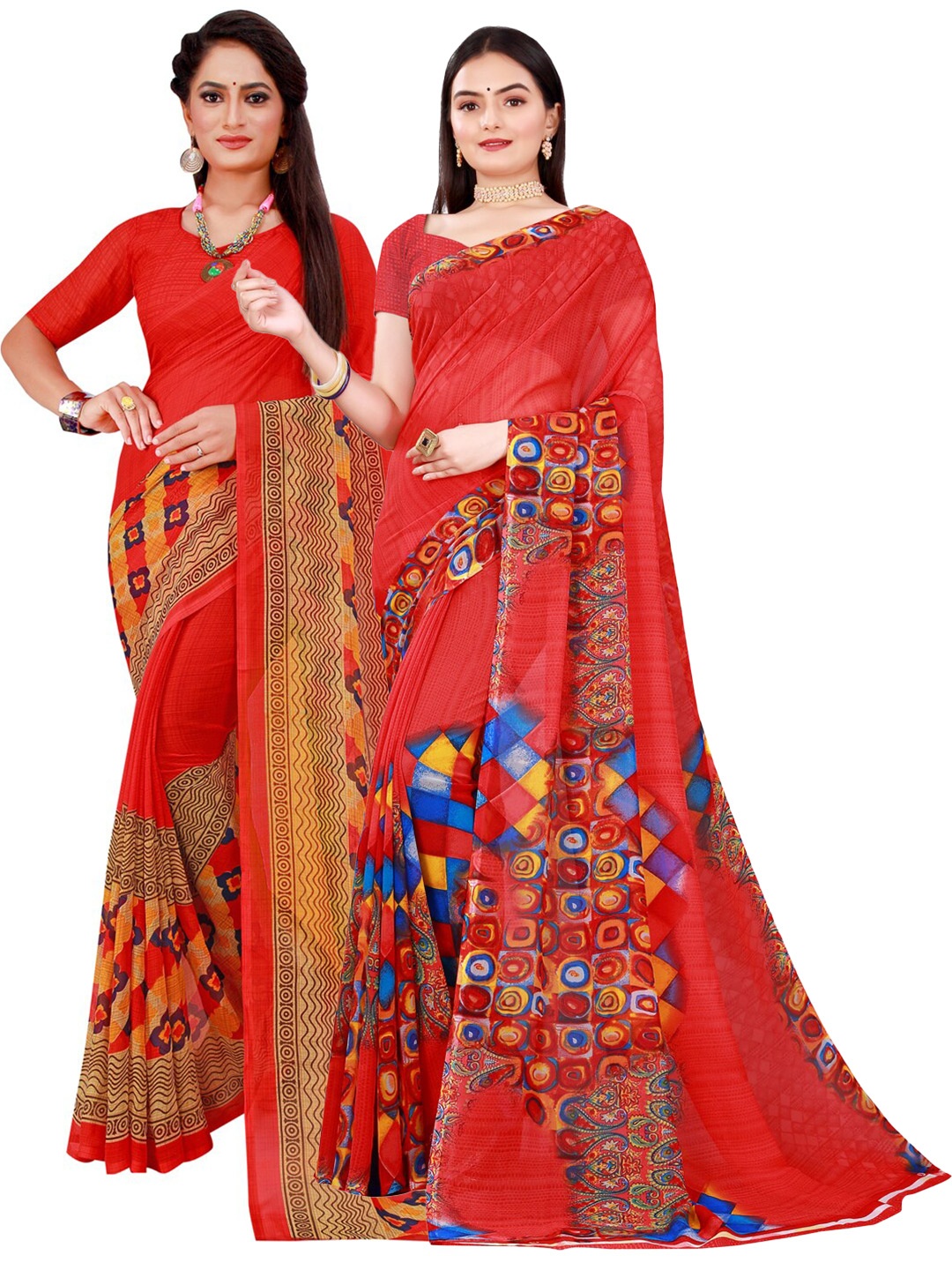 

KALINI Red & Blue Set of 2 Floral Printed Pure Georgette Saree