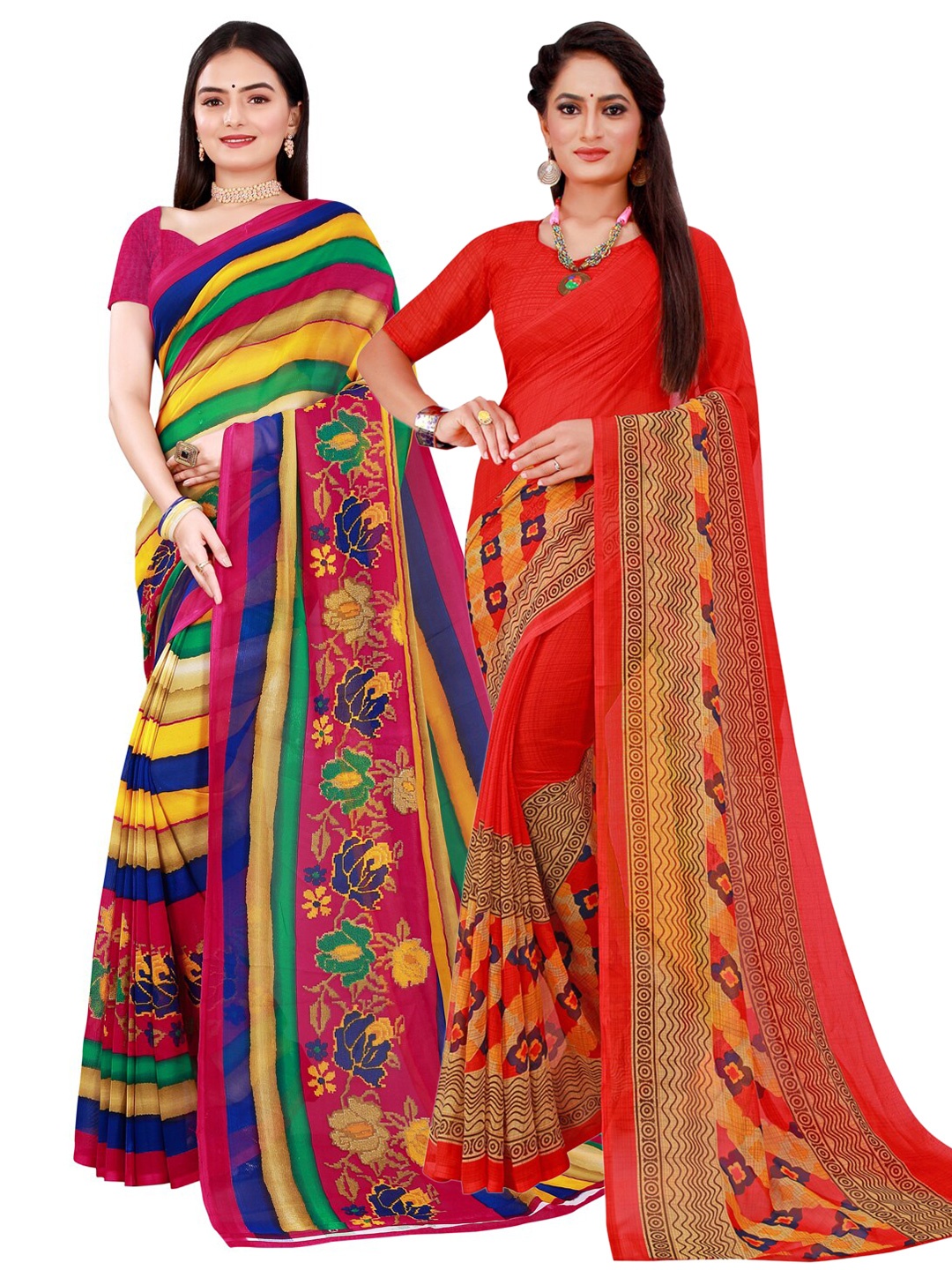 

KALINI Pack of 2 Blue & Red Striped Pure Georgette Saree