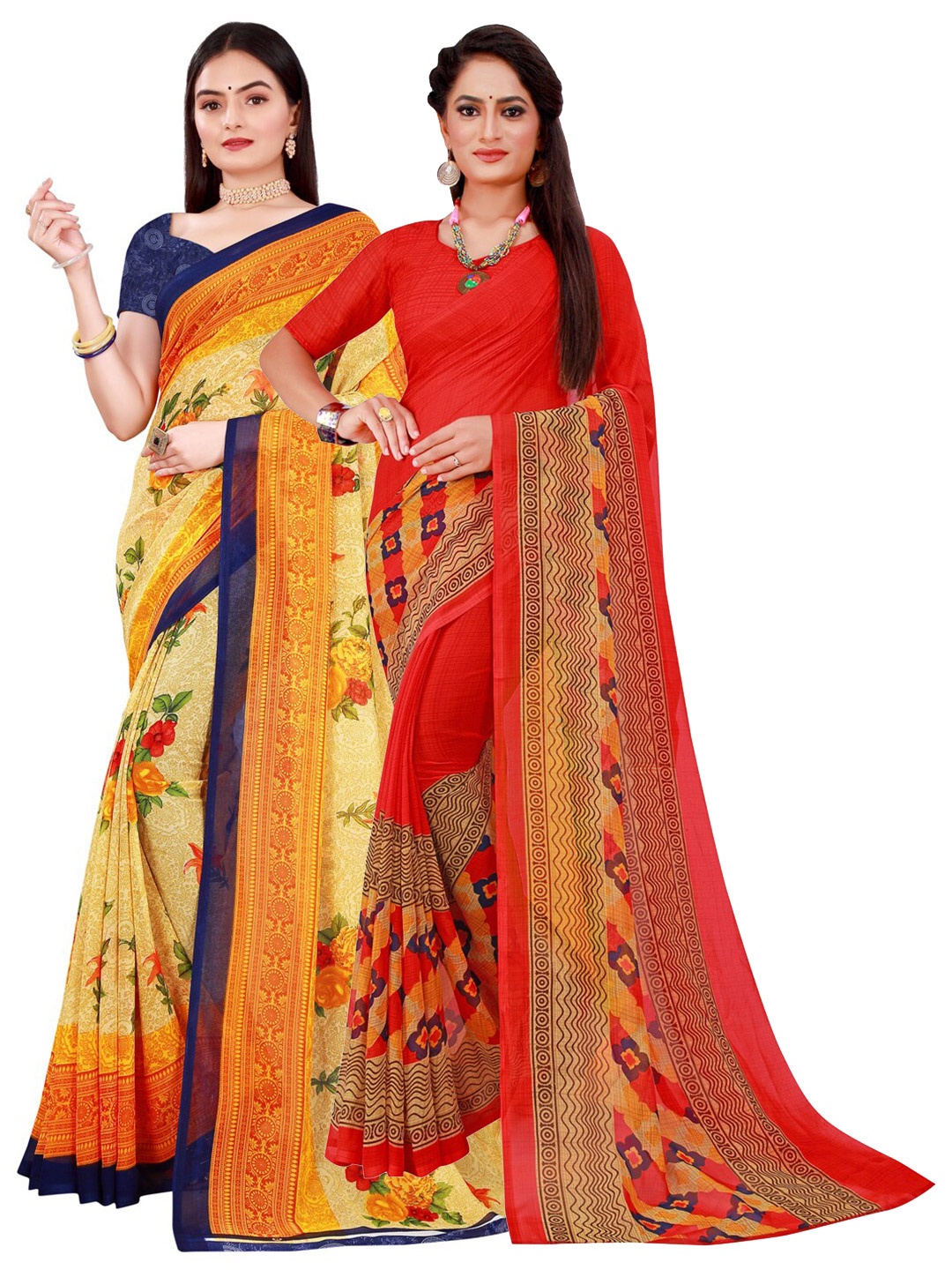 

KALINI Pack Of 2 Beige & Red Pure Georgette Saree