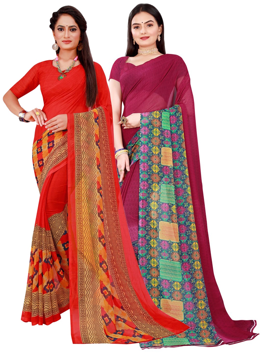 

KALINI Red & Maroon Set of 2 Floral Printed Pure Georgette Saree