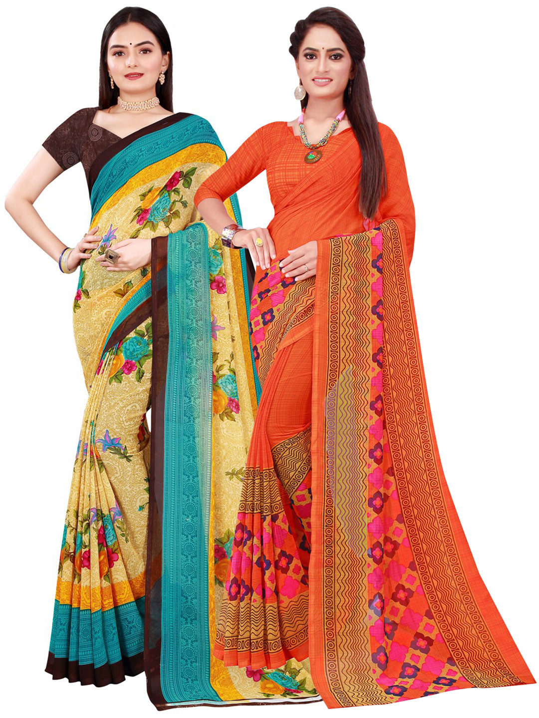 

KALINI Pack of 2 Orange & Beige Floral Pure Georgette Saree