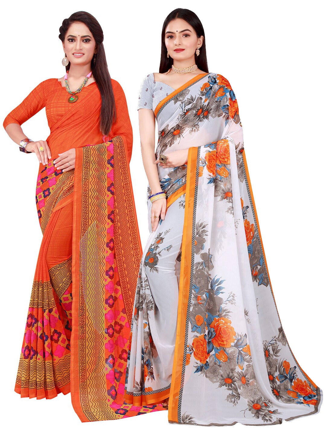 

KALINI Pack of 2 Pure Georgette Sarees, Orange