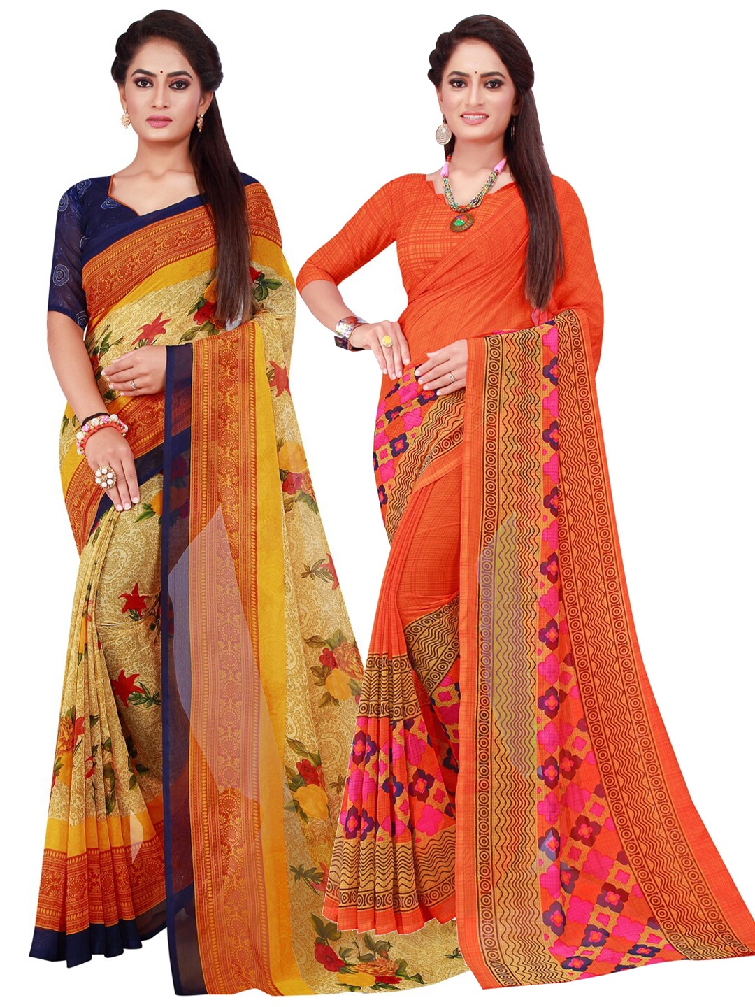 

KALINI Pack Of 2 Orange & Beige Pure Georgette Saree