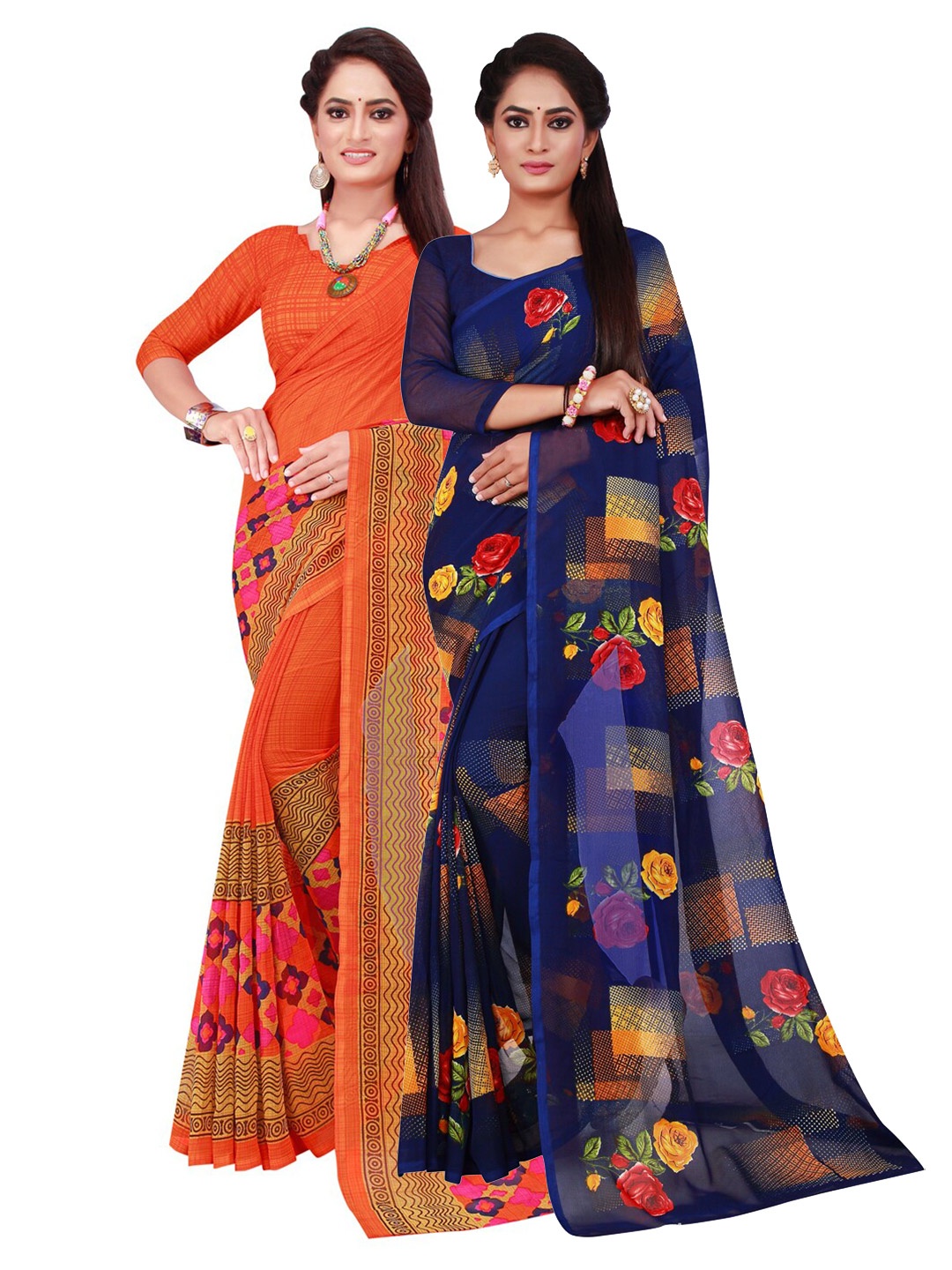 

KALINI Pack Of 2 Orange & Navy Blue Pure Georgette Saree