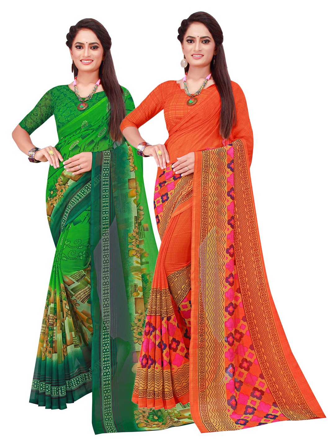 

KALINI Orange & Green Set of 2 Floral Printed Pure Georgette Saree