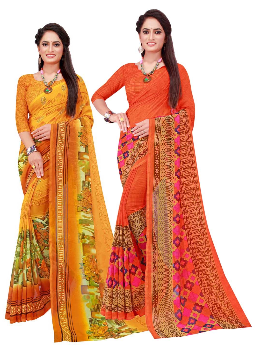 

KALINI Pack of 2 Orange & Yellow Floral Printed Pure Georgette Saree