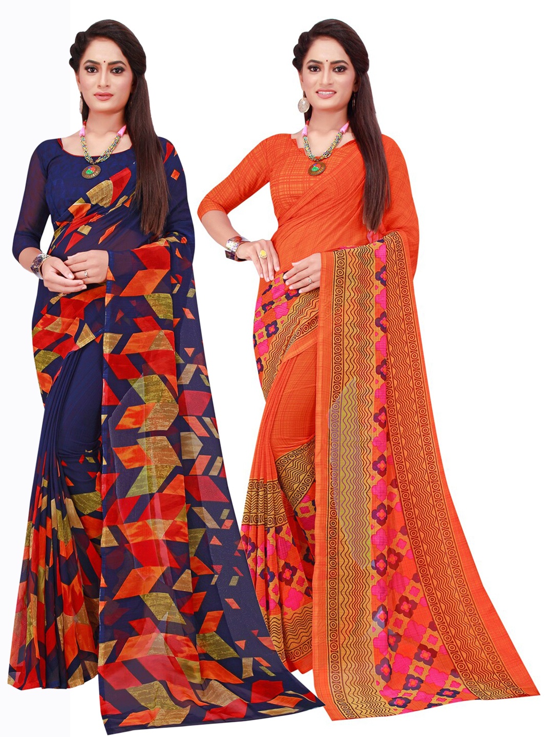 

KALINI Pack of 2 Navy Blue & Orange Floral Pure Georgette Saree