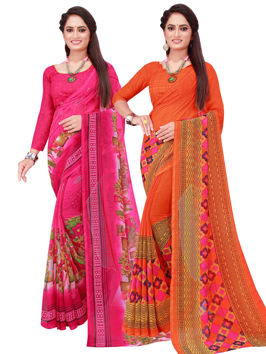 

KALINI Pack Of 2 Red & Orange Pure Georgette Saree