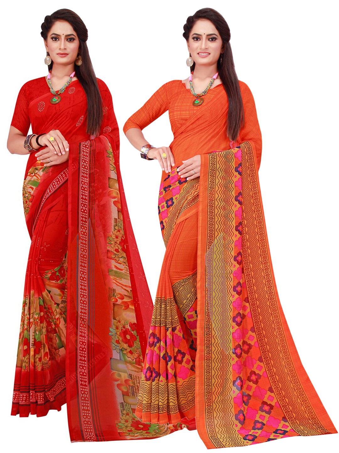 

KALINI Pack Of 2 Orange & Red Geometric Printed Sarees