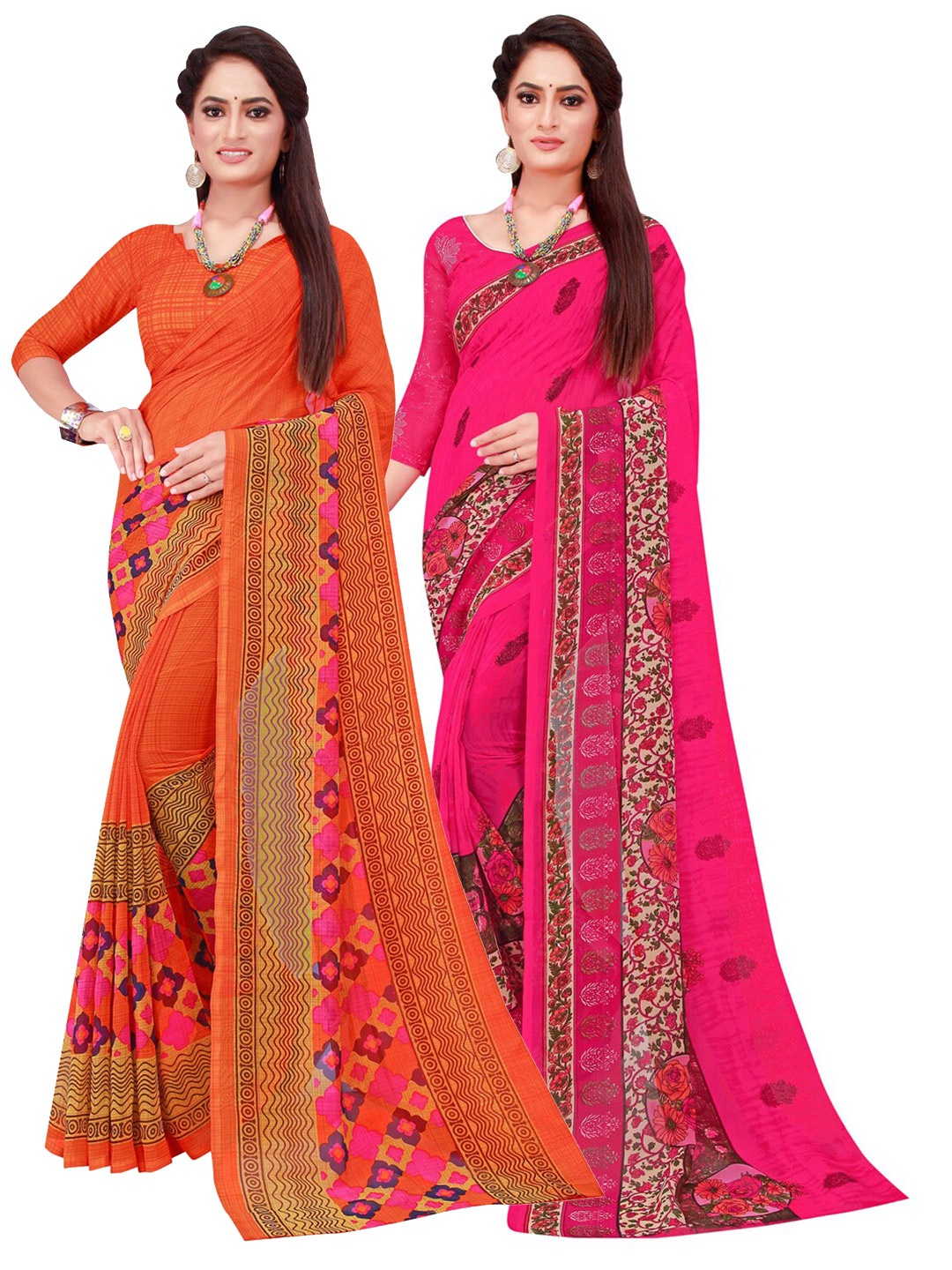 

KALINI Pack of 2 Orange & Magenta Ethnic Motifs Printed Pure Georgette Saree