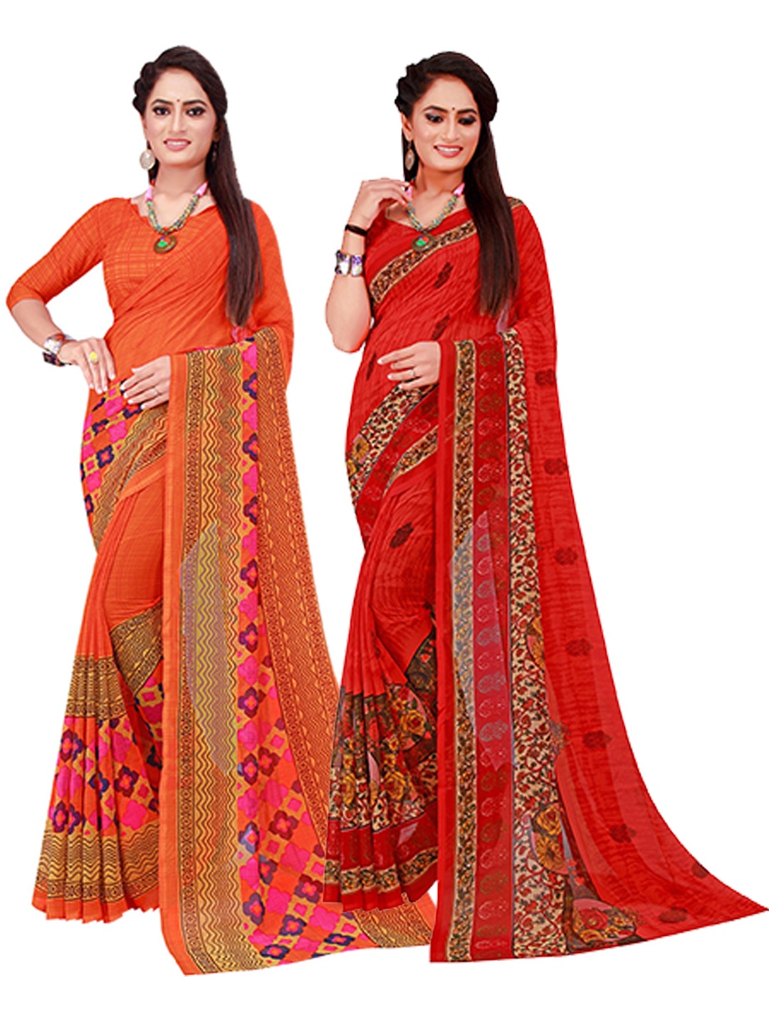

KALINI Pack of 2 Floral Pure Georgette Sarees, Orange