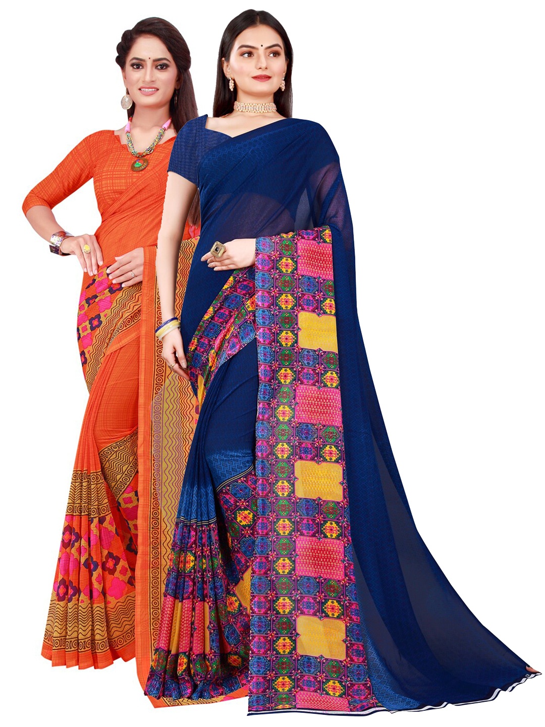 

KALINI Pack of 2 Orange & Navy Blue Floral Pure Georgette Saree