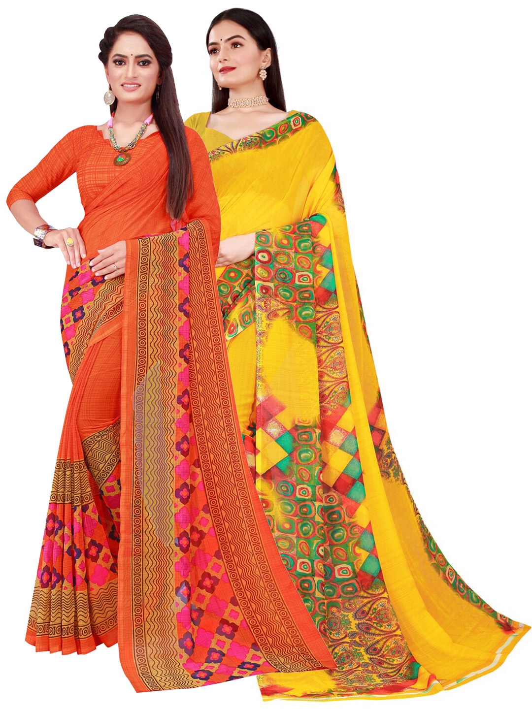 

KALINI Pack of 2 Orange & Yellow Pure Georgette Saree