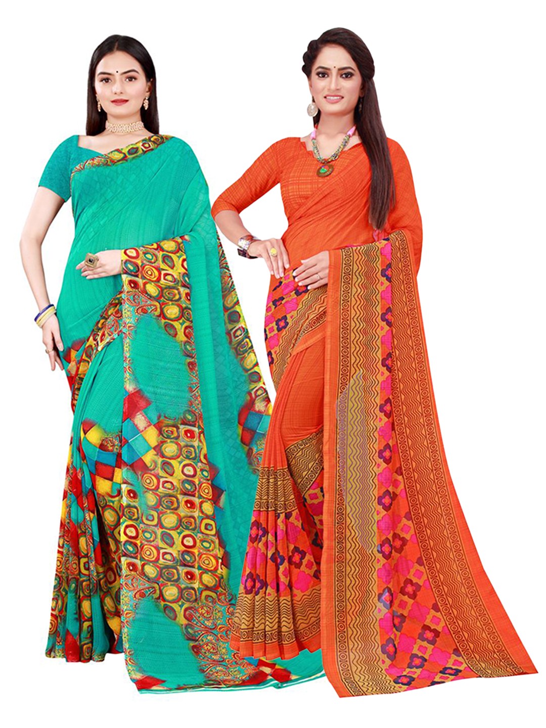 

KALINI Pack of 2 Printed Pure Georgette Sarees, Orange