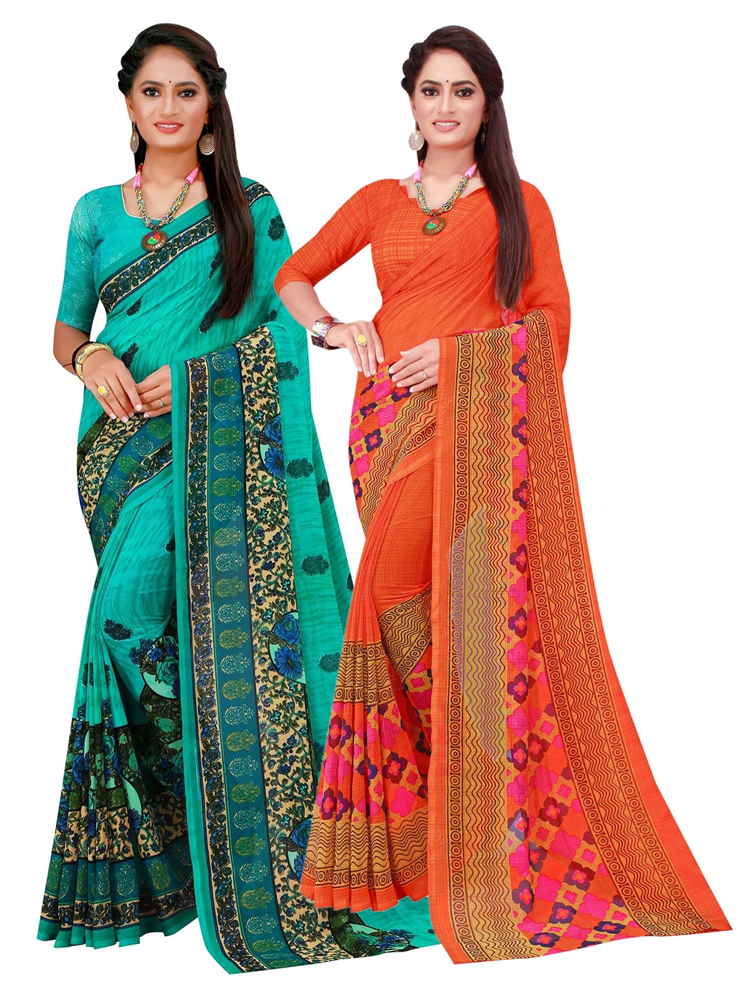 

KALINI Pack Of 2 Orange & Turquoise Blue Pure Georgette Saree