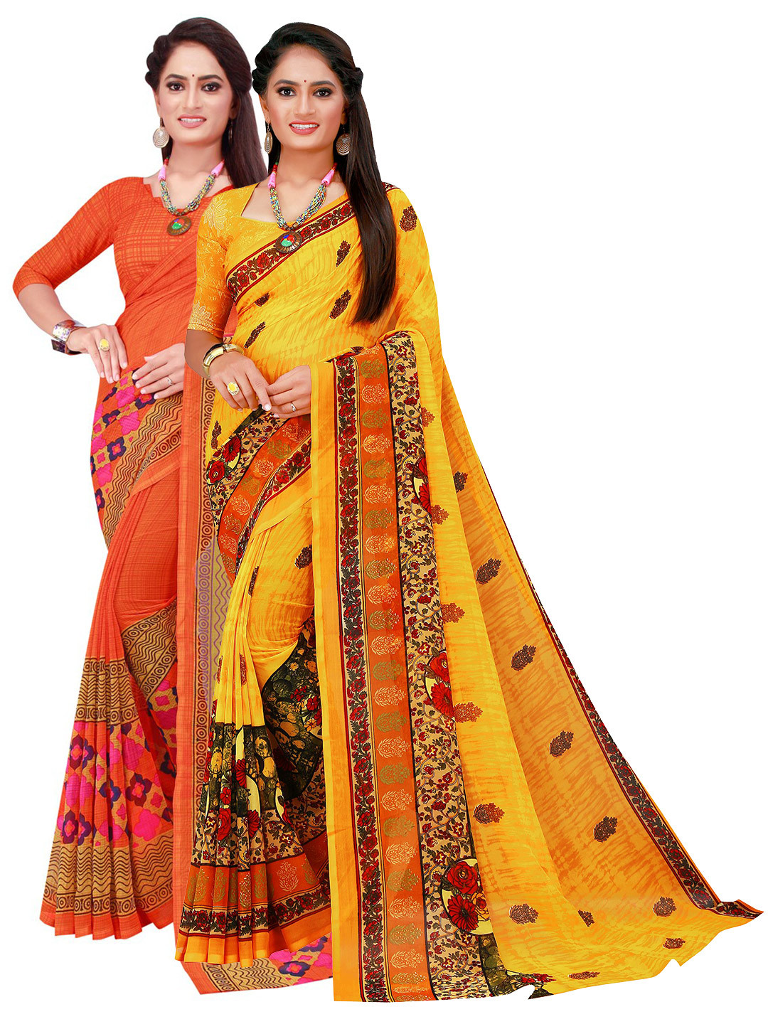 

KALINI Orange & Yellow Pure Printed Pure Georgette Sarees Pack Of 2