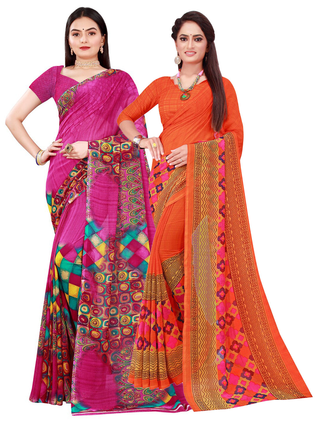 

KALINI Pack of 2 Magenta & Orange Pure Georgette Sarees