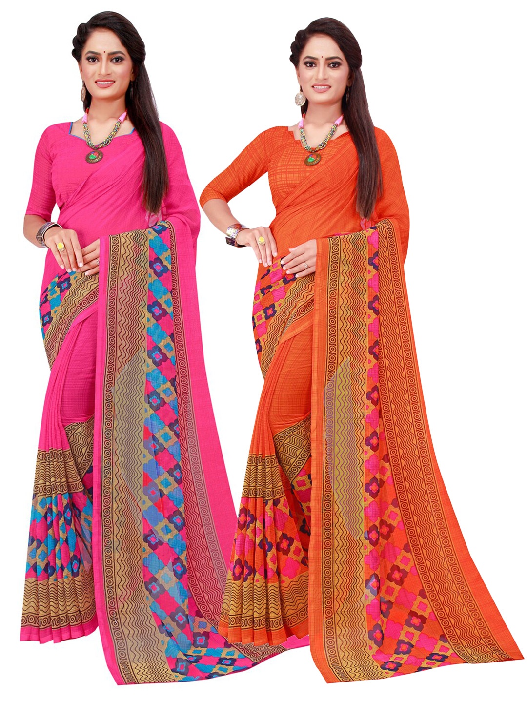

KALINI Magenta & Orange Set of 2 Pure Georgette Saree