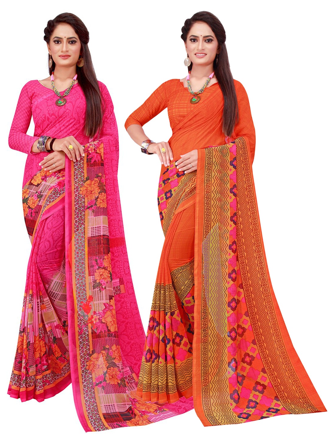 

KALINI Pack of 2 Magenta & Orange Ethnic Motifs Pure Georgette Saree