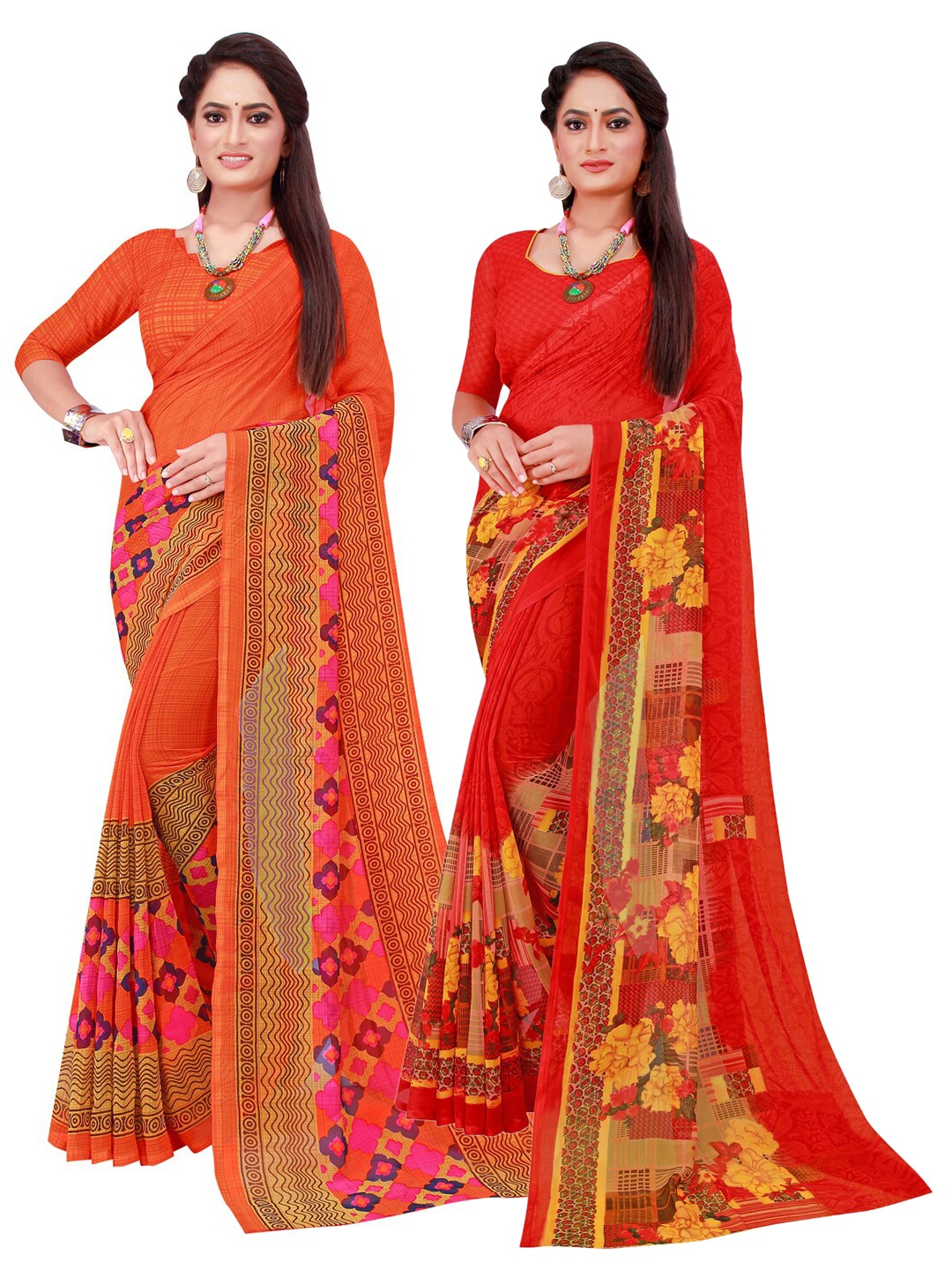 

KALINI Orange & Red Set of 2 Floral Printed Pure Georgette Saree