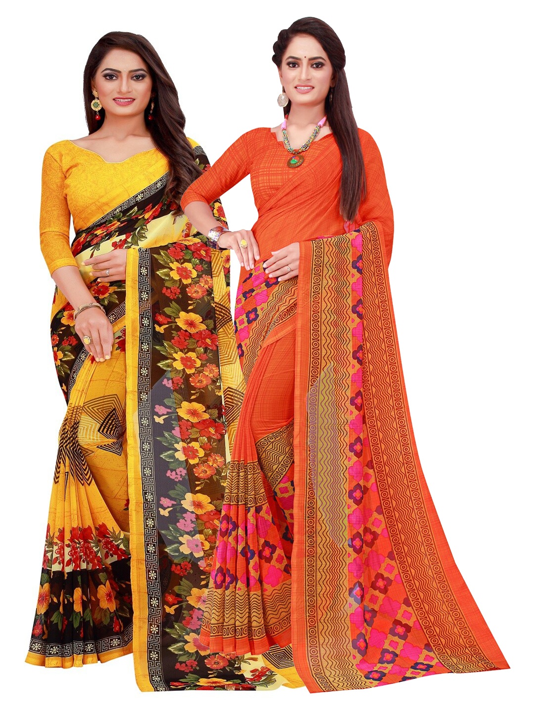 

KALINI Pack of 2 Yellow & Orange Floral Pure Georgette Saree