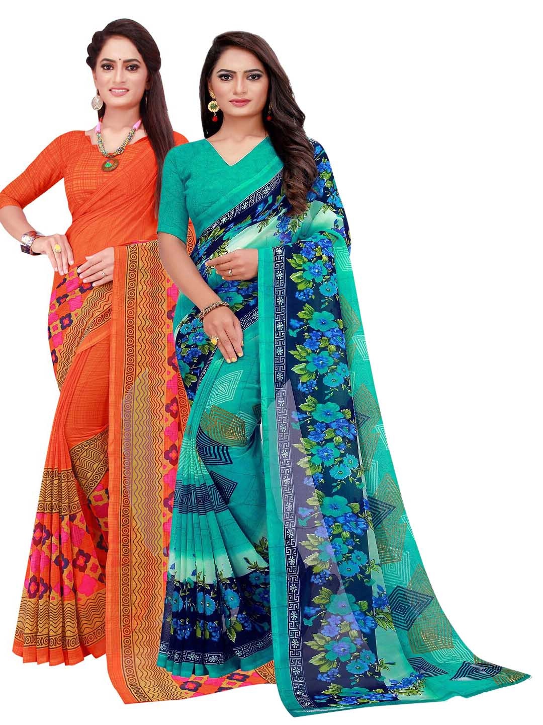 

KALINI Turquoise Blue & Orange Set of 2 Floral Printed Pure Georgette Saree