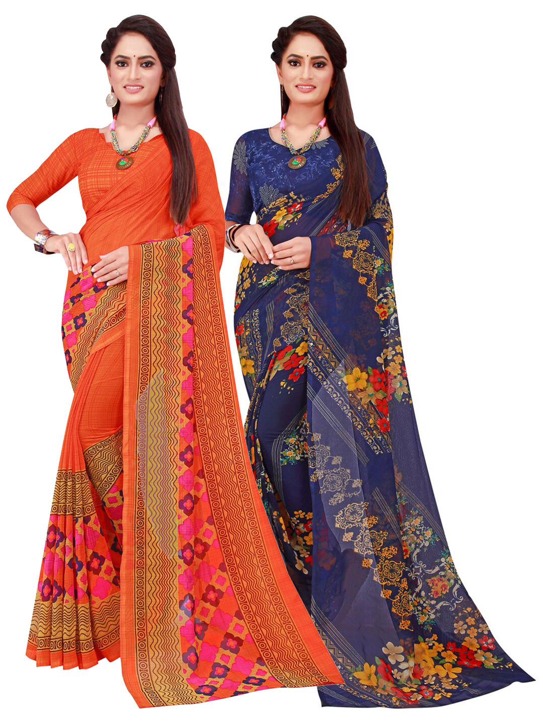 

KALINI Pack of 2 Printed Pure Georgette Sarees, Orange