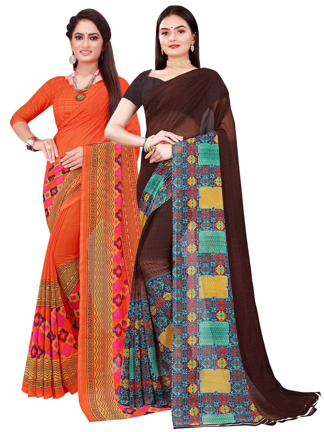 

KALINI Pack of 2 Brown & Orange Floral Pure Georgette Saree