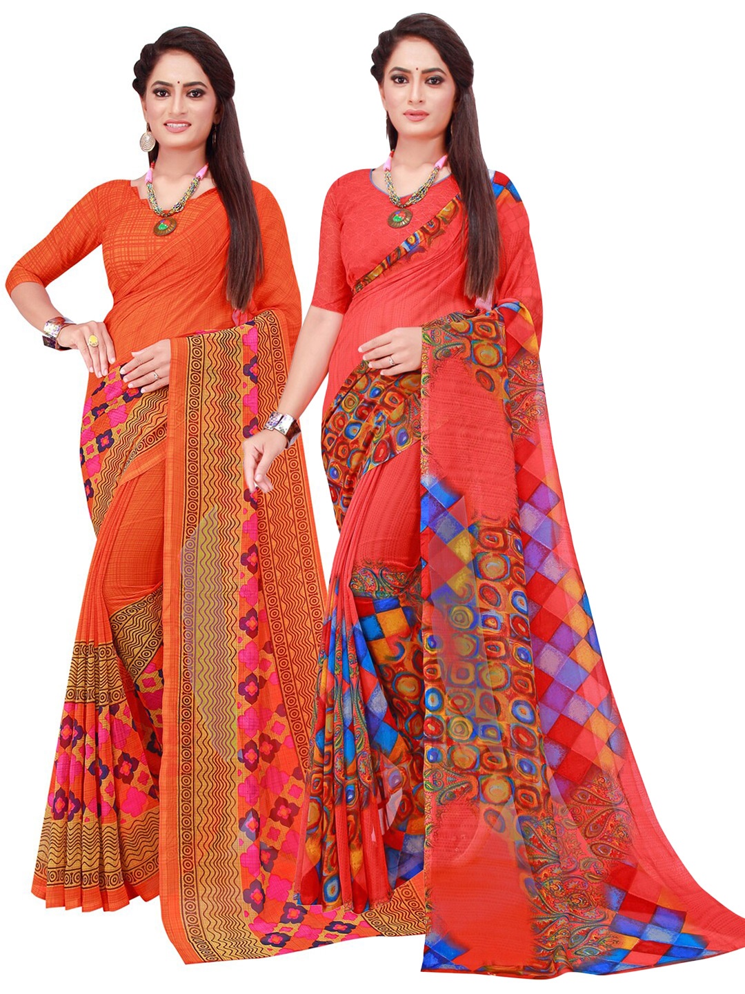 

KALINI Pack Of 2 Pink & Red Geometric Printed Sarees