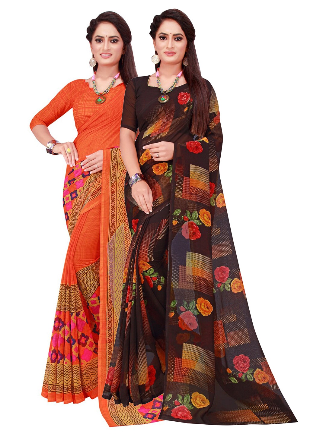 

KALINI Pack of 2 Orange & Black Floral Pure Georgette Saree