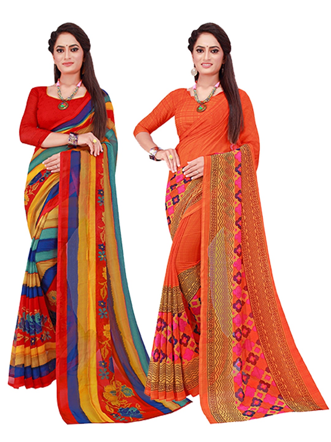 

KALINI Red & Orange Set Of 2 Printed Pure Georgette Saree