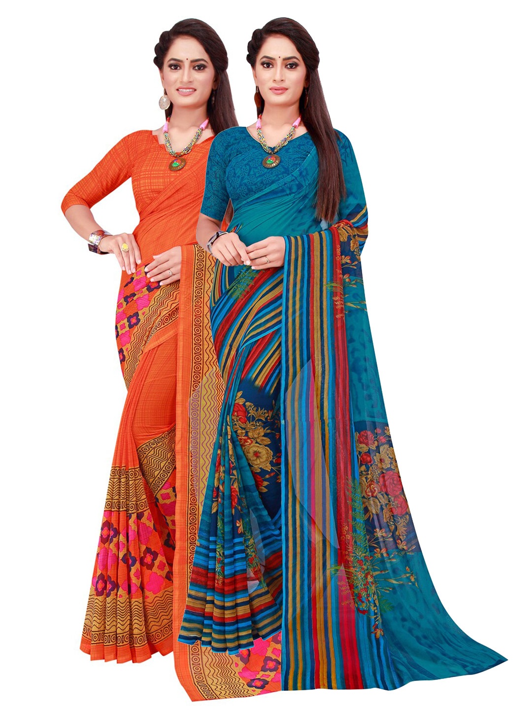 

KALINI Pack of 2 Orange & Blue Pure Georgette Sarees