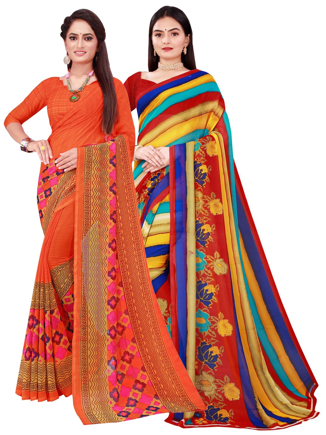 

KALINI Pack of 2 Orange & Yellow Floral Pure Georgette Sarees