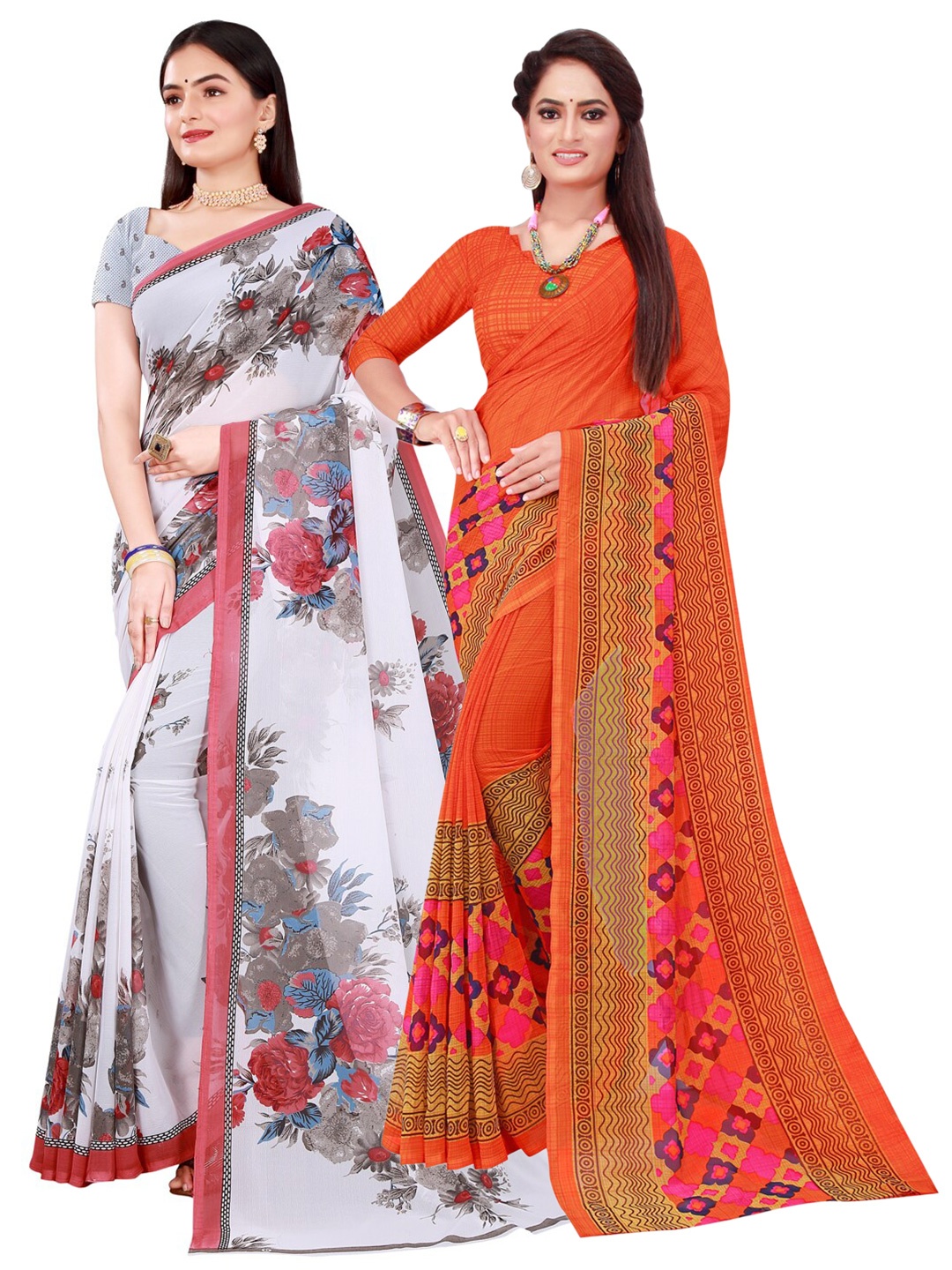 

KALINI Orange & White Set of 2 Floral Printed Pure Georgette Saree