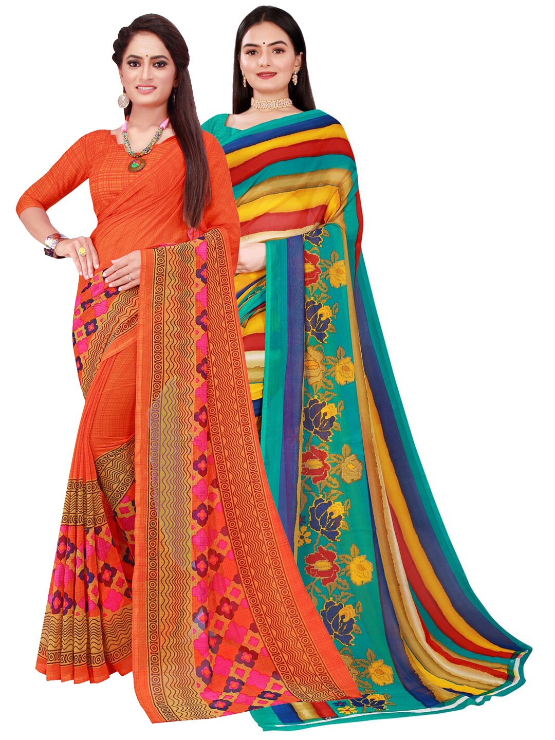 

KALINI Pack of 2 Red & Green Pure Georgette Sarees