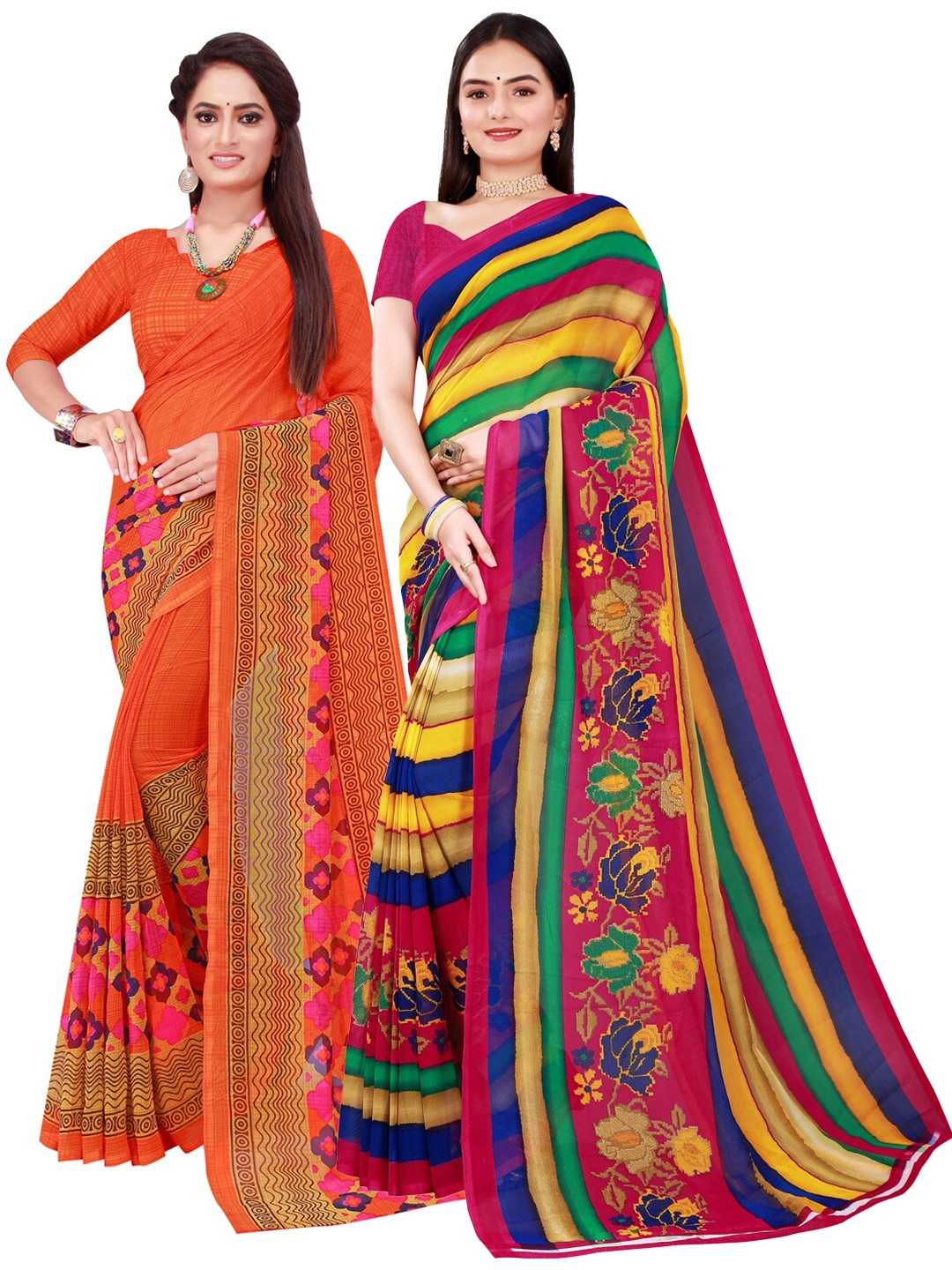 

KALINI Pack of 2 Printed Pure Georgette Sarees, Orange