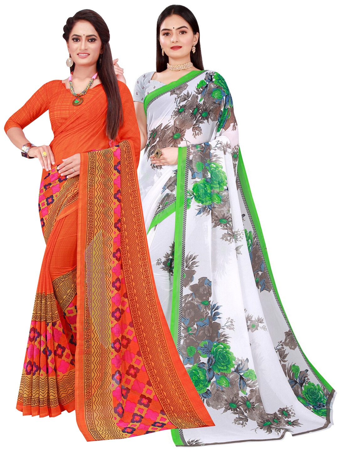 

KALINI Pack of 2 Orange & White Pure Georgette Saree