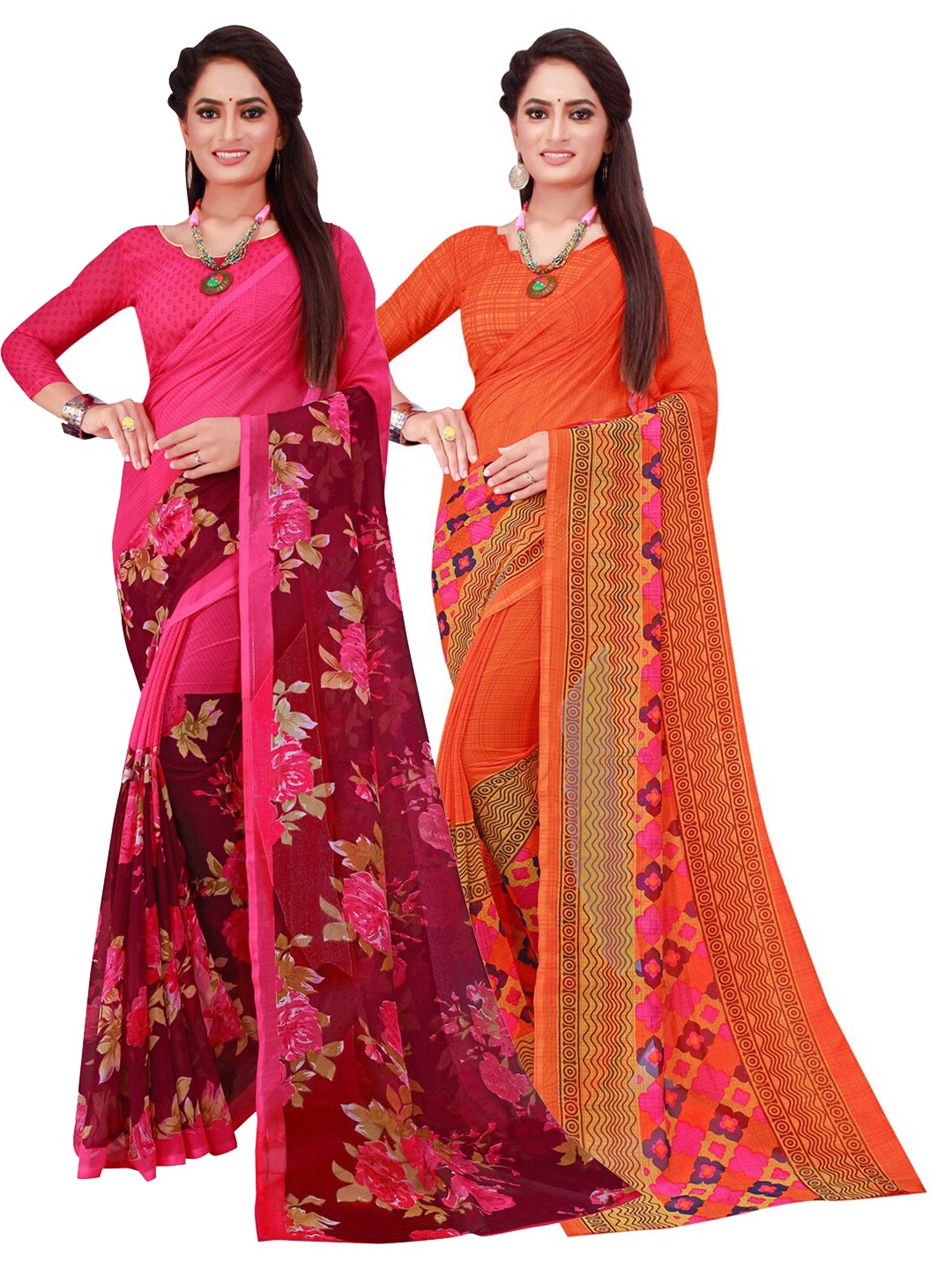 

KALINI Pack Of 2 Orange & Magenta Pure Georgette Saree