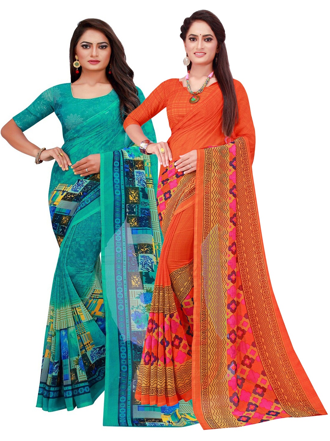 

KALINI Pack of 2 Turquoise Blue & Orange Floral Printed Pure Georgette Saree