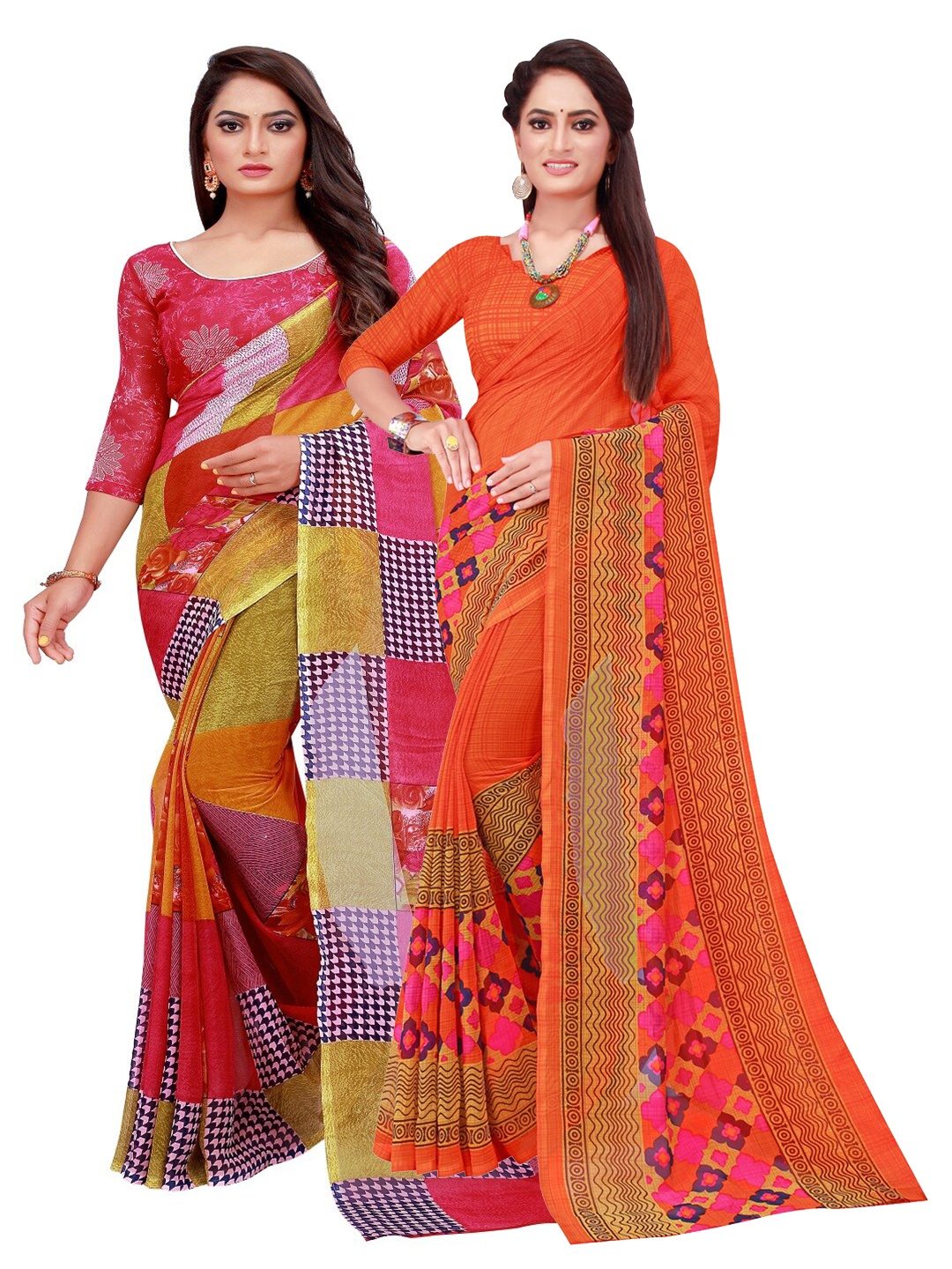 

KALINI Red & Orange Set of 2 Pure Georgette Saree