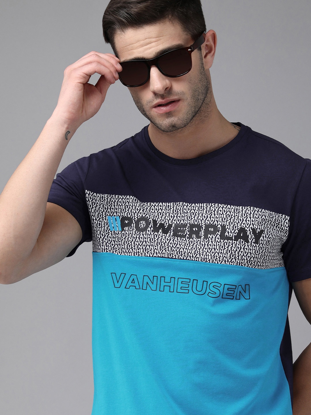 

Van Heusen Flex Men Navy Blue Typography Printed Slim Fit Sports T-shirt